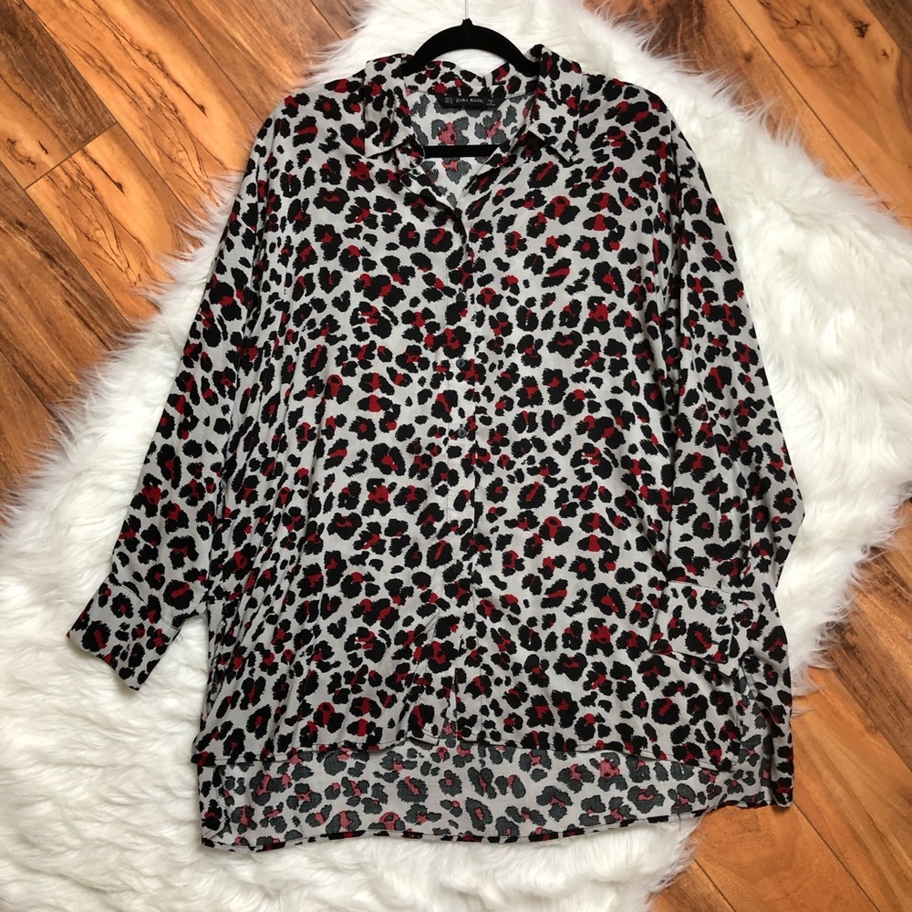 Zara Leopard Print Blouse Button Casual Top XL